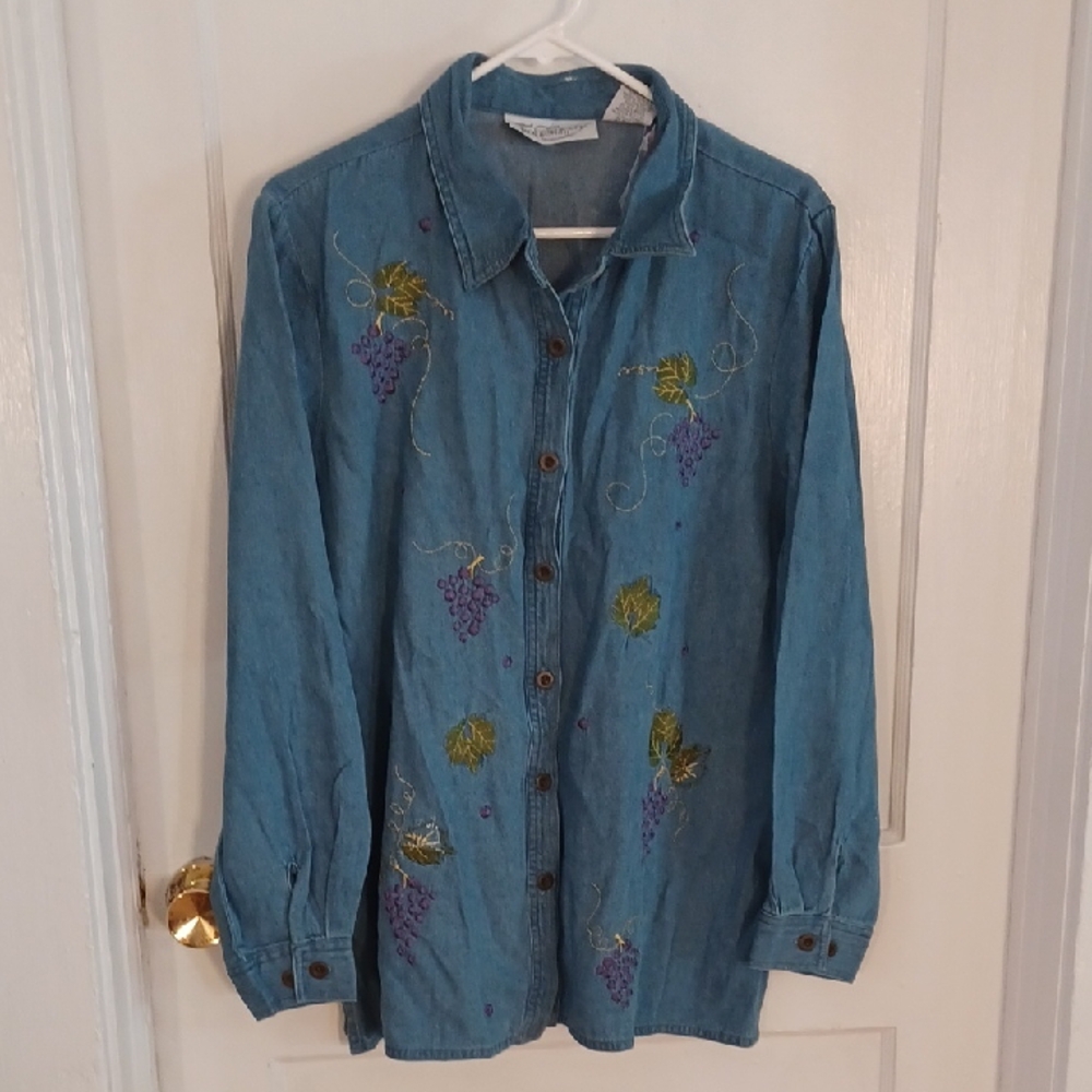 Embroidered Denim Blouse Two Twenty Collection Size Large